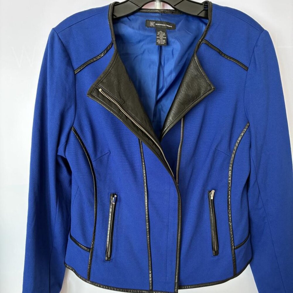 Cobalt Blue with Black Faux Leather Trim Zip Blazer